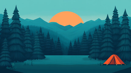 A tranquil camping scene showcasing a tent by a serene lake surrounded by lush pine trees under a vibrant sunset.