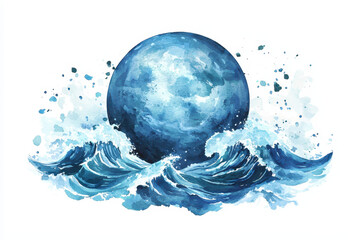 A watercolor depiction of a large blue moon rising above swirling ocean waves, evoking a sense of tranquility and nature's beauty.