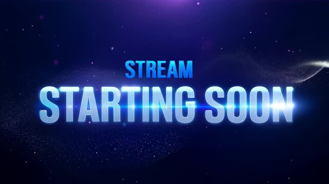 Digital "Stream Starting Soon" banner with blue and purple glowing effects, perfect for live stream intros or pauses.
