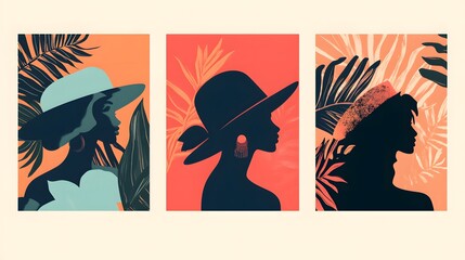 Tropical Summer Fashion   Women Silhouettes in Hats  Palm Leaves  Red Orange Background  M
