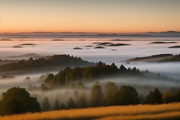 Fototapeta premium Golden glow on horizon as mist lifts.