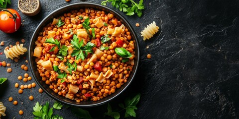 Egyptian Koshari Delight, vibrant lentils and pasta blend, garnished with spices, presented from above, showcasing culinary tradition and flavor.