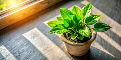 Bright green leafy plant in textured pot on sunlit window bird eye view