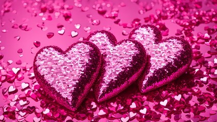 Fototapeta premium Romantic glitter pink sequin hearts. pink background