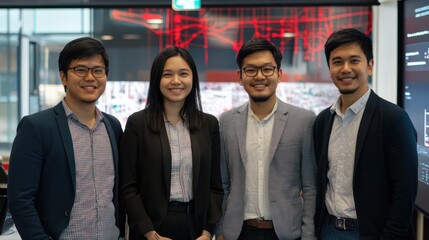 A diverse team from Malaysia, Thailand, and the Philippines designing smart transportation networks for a futuristic urban environment, showcasing global innovation