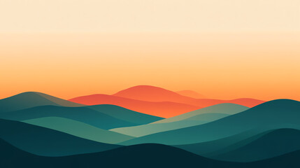 Abstract landscape illustration featuring layered hills in shades of green and orange against a tranquil background.