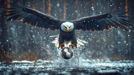 Bald Eagle Grabbing Soccer Ball in Snowy Forest