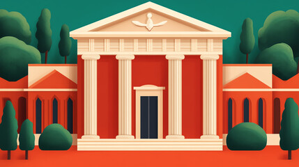 Fototapeta premium Illustration of a classical building with columns, featuring an ornate facade and surrounded by stylized trees, set against a vibrant background.