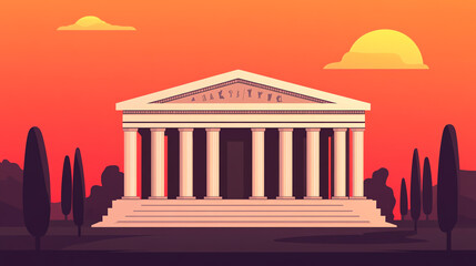 Obraz premium A classic architectural structure silhouetted against a vibrant sunset, showcasing grand columns and a serene landscape.