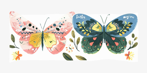 Colorful butterfly illustration featuring two vibrant, detailed butterflies with floral accents. Whimsical and decorative style perfect for home decor, wall art, or creative design projects.