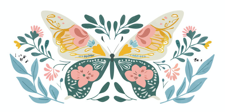 Colorful butterfly illustration featuring two vibrant, detailed butterflies with floral accents. Whimsical and decorative style perfect for home decor, wall art, or creative design projects.