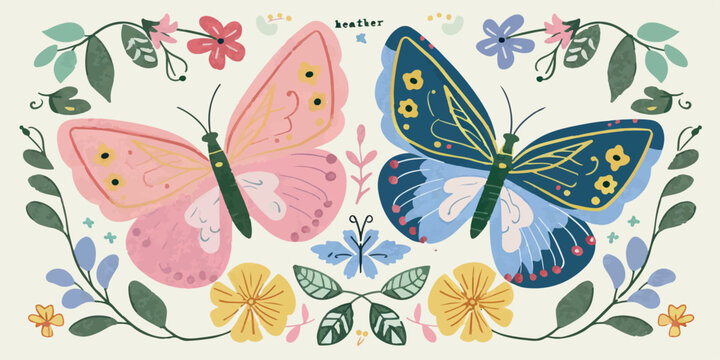 Colorful butterfly illustration featuring two vibrant, detailed butterflies with floral accents. Whimsical and decorative style perfect for home decor, wall art, or creative design projects.