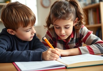 Siblings helping each other with homework in a close up perspect