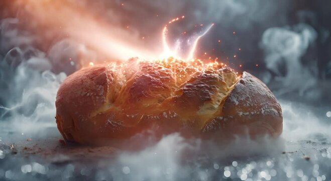 Freshly Baked Bread Emitting Steam and Sparks