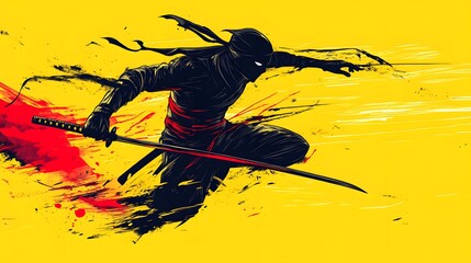 Silhouette Ninja Warrior with Katana Sword on Yellow Background