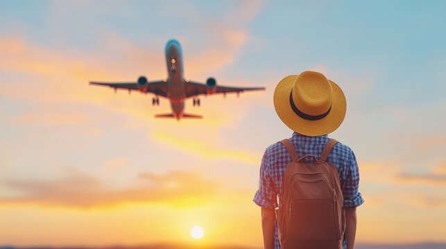 A traveler observes an airplane taking off against a vibrant sunset, capturing the essence of adventure and the excitement of travel. Perfect for wanderlust themes.