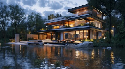 Fototapeta premium 3d rendering of modern house by the river at morning, house, luxury, villa, modern, architecture, building, exterior, residential, property, designer