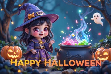 Charming Little Witch Mixing Potions for Halloween Fun