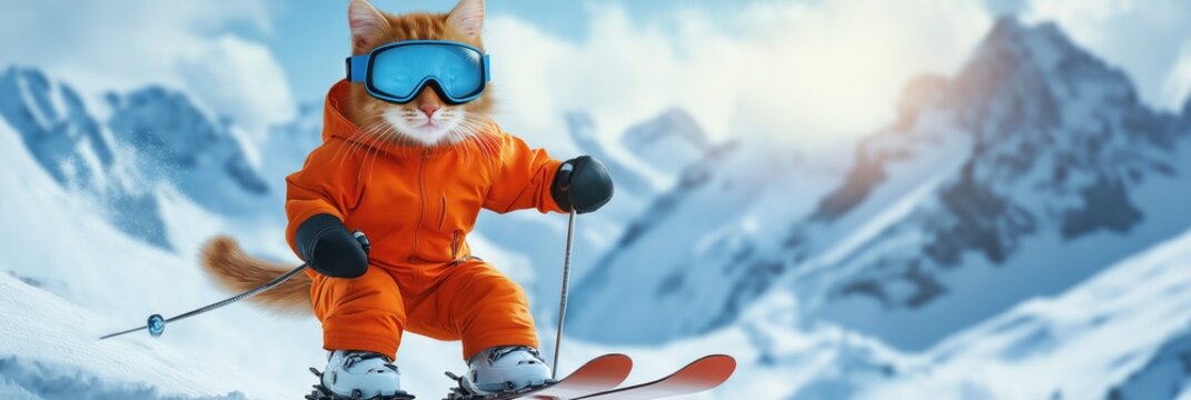 Cute cat skis down snowy mountain in vibrant orange snowsuit. Black skis, ski poles, and snow-covered mountain peaks create winter scene. Feline athlete turns left on mountain slope.