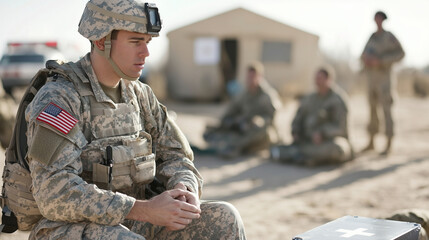Soldier teaching a first aid class to civilians in a humanitarian setting photo