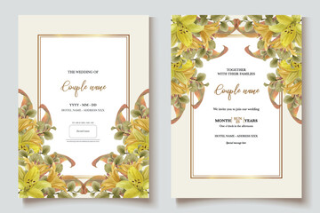 WEDDING INVITATION FRAME WITH FLOWER DECORATIONS AND FRESH LEAVES