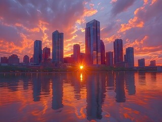 Fototapeta premium Urban skyline at sunset with reflective skyscrapers A dynamic skyline where skyscrapers shimmer in the golden light of the sunset.
