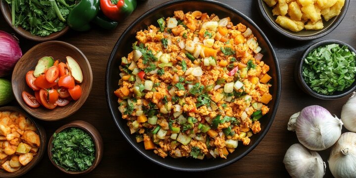 Savory Sri Lankan kottu roti with vibrant vegetables, expertly arranged for a visually appealing presentation, rich textures and colors.