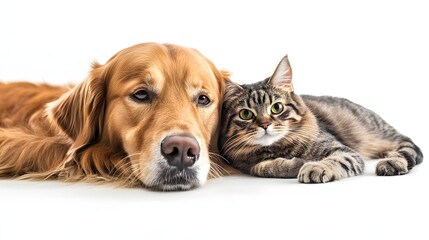 4. A relaxed Golden Retriever and a charming cat lounging on a smooth white backdrop, designed to allow for easy addition of product placement or marketing messages