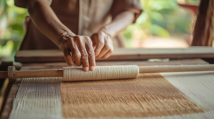 Cambodian silk weaver creating elegant scarves with natural dyes photo