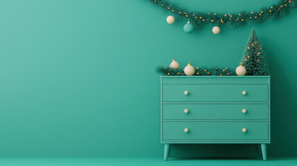 Stylish turquoise furniture decorated for a festive celebration with ornaments.