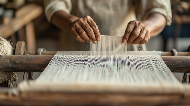 Cambodian silk weaver creating elegant scarves with natural dyes photo