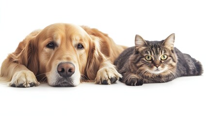 5. A Golden Retriever and a content cat peacefully lying on a bright white background, featuring generous empty space ideal for showcasing products or advertising text