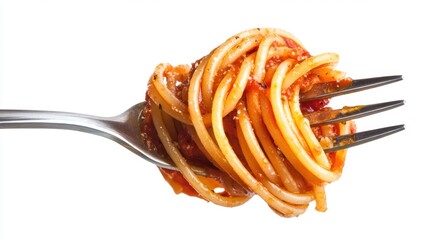 Fork wrapped with perfectly cooked spaghetti, coated in rich Italian sauce, against a white background, capturing a classic Italian meal