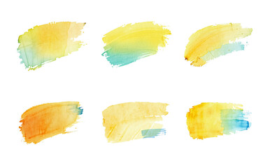Naklejka premium sunny yellow abstract brush stroke set, implied speech bubble and background, isolated on white, stylized ink