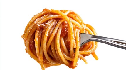 Fork wrapped with perfectly cooked spaghetti, coated in rich Italian sauce, against a white background, capturing a classic Italian meal