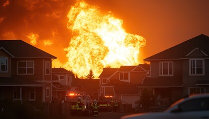 A dramatic scene of a fire engulfing a neighborhood, showcasing the urgent response of firefighters.