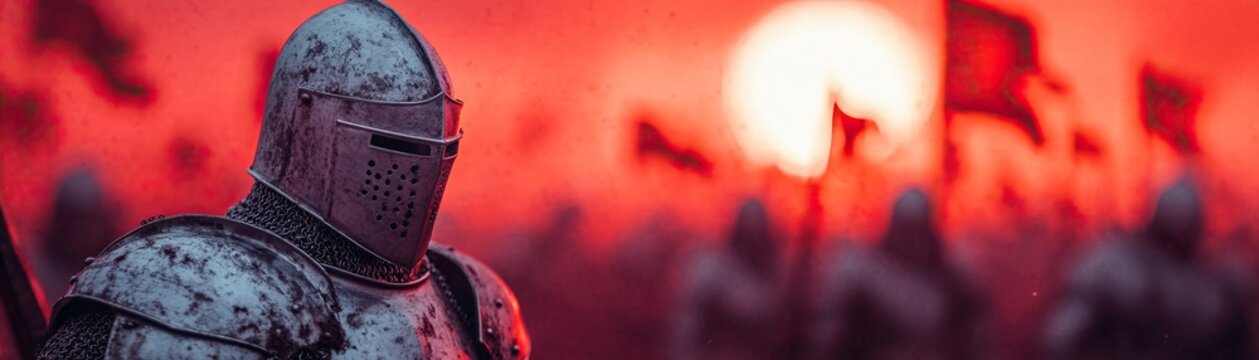 A dramatic scene of a knight in armor against a sunset backdrop, evoking themes of valor and history.