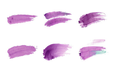 purple abstract brush stroke set, isolated, angled swoosh, stylized ink