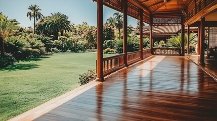 Tranquil Scene of a Traditional Japanese House with Elegant Wooden Balcony Overlooking a Serene Lush Garden Landscape in an Isolated Background