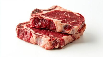 Obraz premium Fresh, raw rib-eye steaks layered one atop the other, isolated on a white background, showcasing their rich color and marbled texture