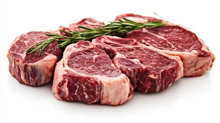 Fresh rib-eye steaks layered atop each other on a white background, showcasing rich color and texture, ideal for meat lovers and culinary displays