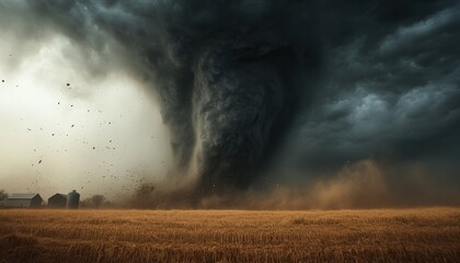 Naklejka premium A powerful tornado swirling above a golden wheat field under a dramatic sky.