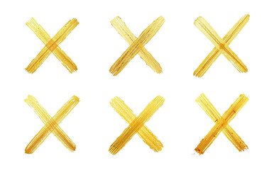 Obraz premium golden abstract brush stroke set, isolated, X crossed lines, stylized ink