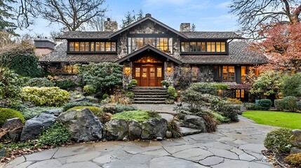 Fototapeta premium Tranquil Japanese house with traditional wooden beams sliding shoji doors and a peaceful rock garden in a serene harmonious landscape