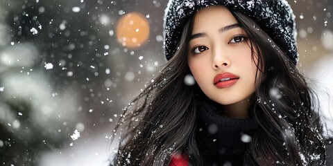 fashionable asian model wearing stylish clothing winter snow background