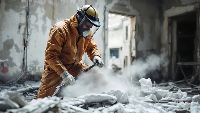 A worker in protective gear handles debris in a dilapidated building, creating a dust cloud