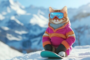 Cat sits on blue snowboard wearing vibrant pink and orange jacket, blue goggles. Paws rest on board, ready to ride. Snowy mountain landscape with clear blue sky, few clouds in background.