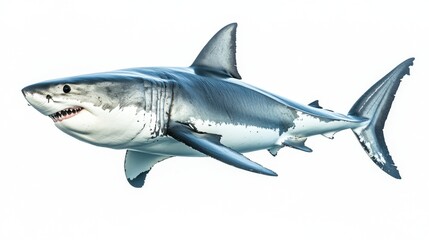 Naklejka premium Great white shark in full view, isolated on a white background, capturing its strength and the detail of its powerful form