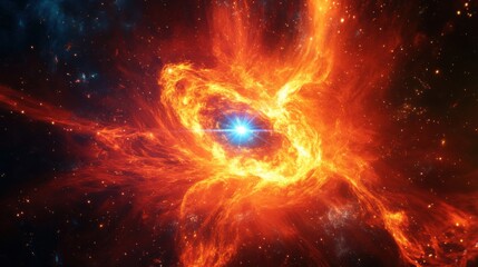 A fiery red and orange nebula of data swirling dynamically, centered by a shimmering blue star, illustrating a high-energy data center filled with secure information.