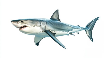 Fototapeta premium Great white shark in full view, isolated on a white background, capturing its strength and the detail of its powerful form